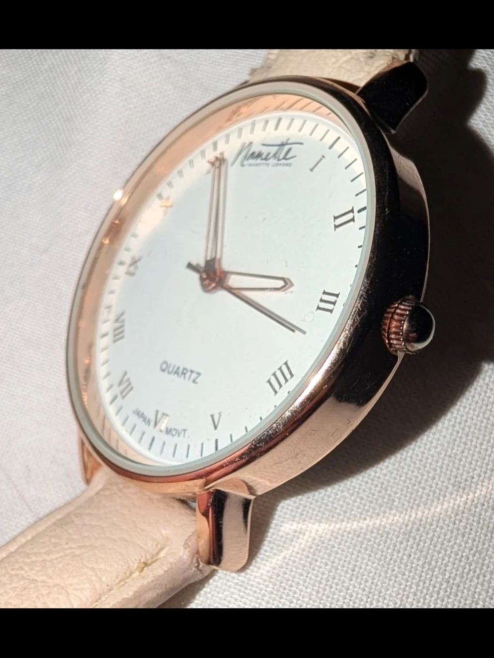 Working Nannette Lapore Rose Gold Case Light Beige Leather Strap Quartz Watch